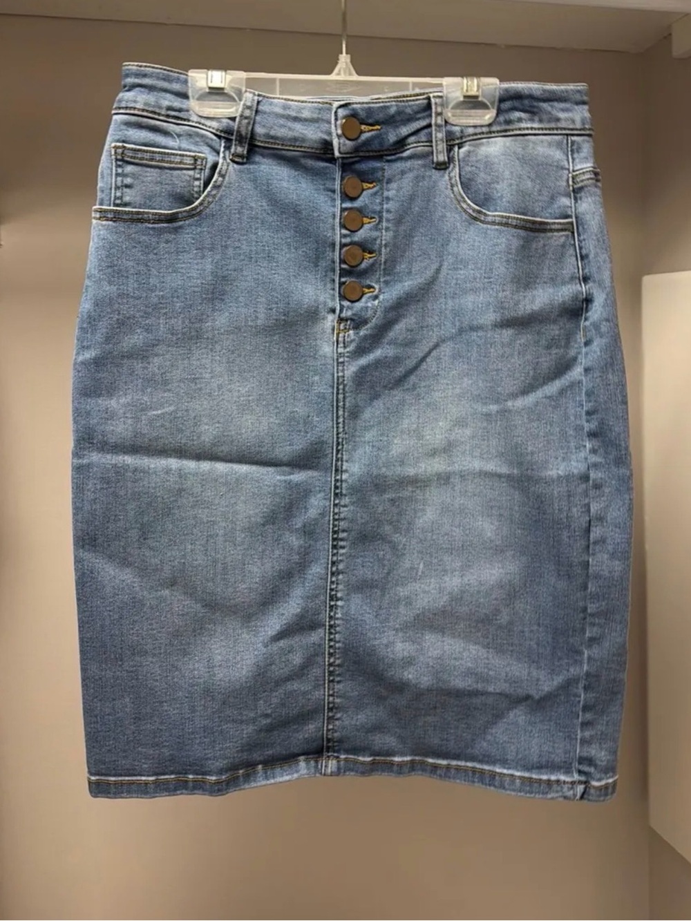Button-Front Light Blue Denim Pencil Skirt